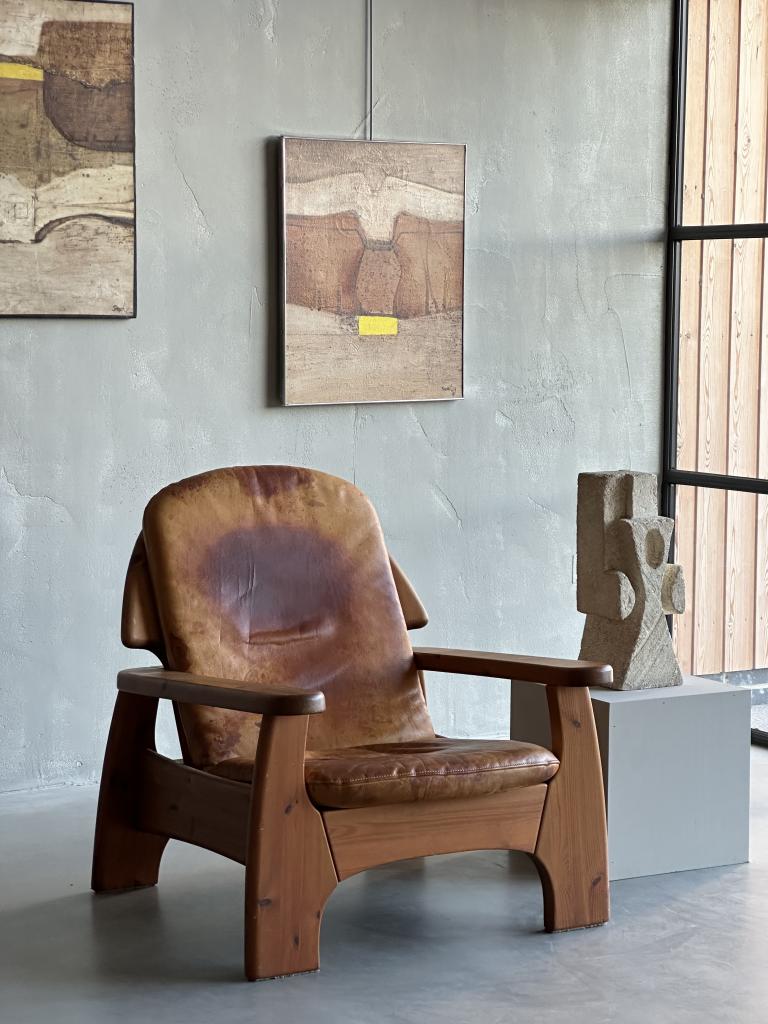 A large C20th Leather and Pine Armchair