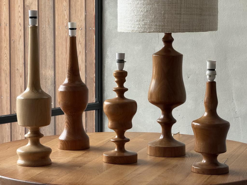 A Midcentury set of Turned Wooden Lamps